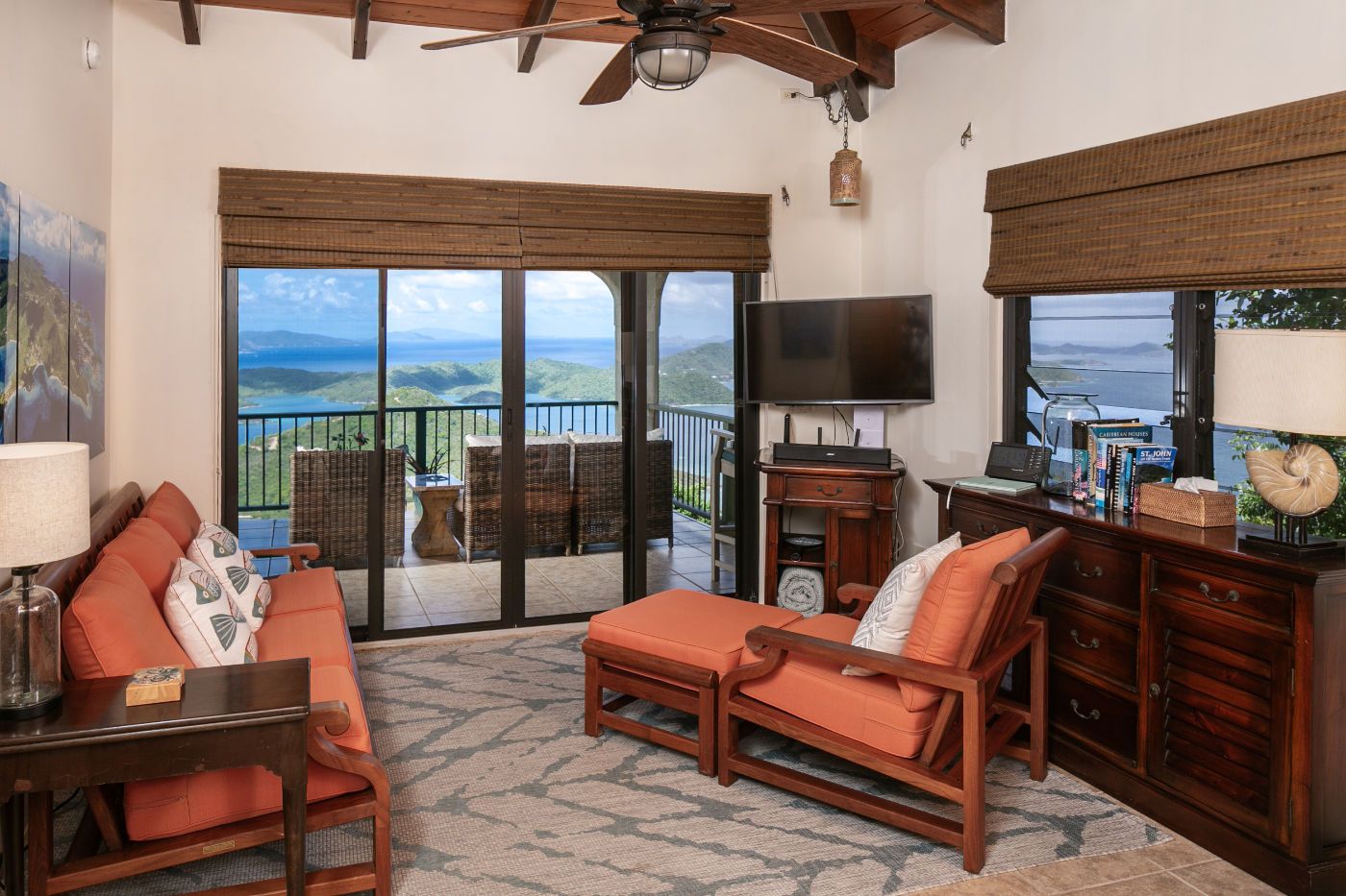 Cottage living room, doors open to the view